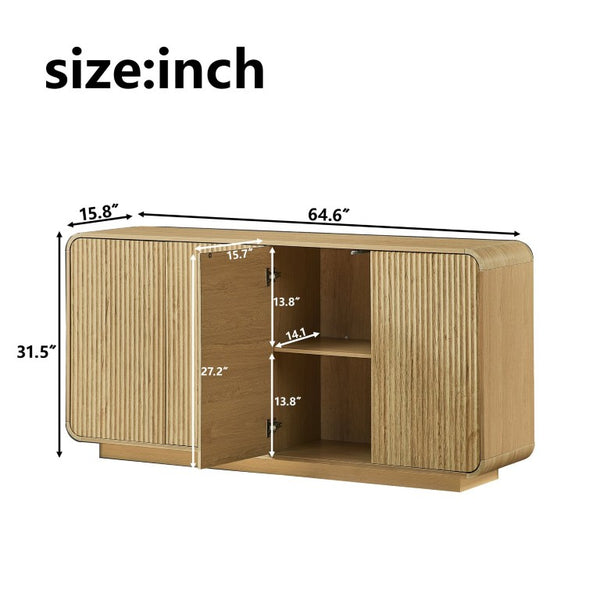 English Elm 64 Inch Fluted Sideboard with Push Open Doors Waterproof Surface for Dining Living Room W5767P506708