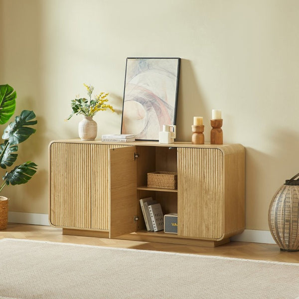 English Elm 64 Inch Fluted Sideboard with Push Open Doors Waterproof Surface for Dining Living Room W5767P506708