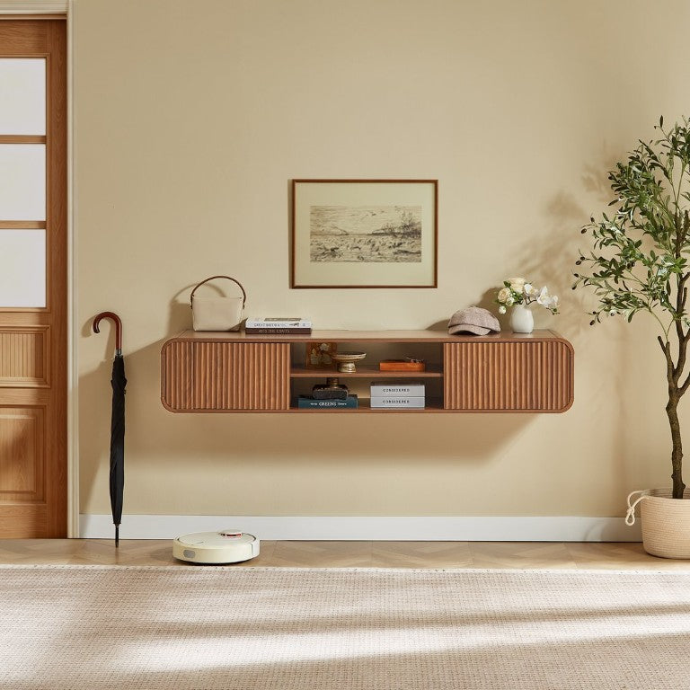 English Elm 63 Inch Floating Walnut TV Stand with Fluted Cabinet Doors and Open Media Shelving W5767P506709