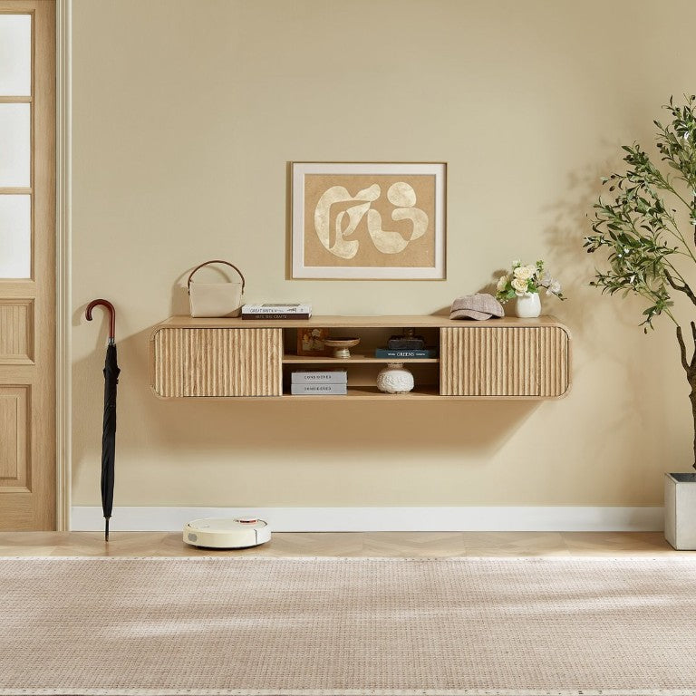 English Elm 63 Inch Floating TV Stand with Fluted Doors Open Shelves and Cable Management W5767P506710