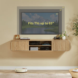 English Elm 63 Inch Floating TV Stand with Fluted Doors Open Shelves and Cable Management W5767P506710