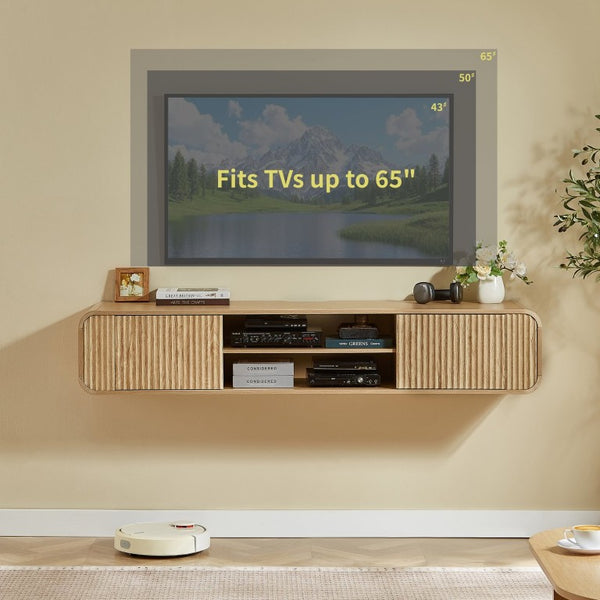 English Elm 63 Inch Floating TV Stand with Fluted Doors Open Shelves and Cable Management W5767P506710