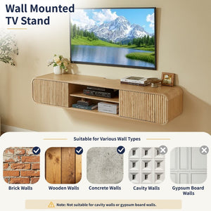 English Elm 63 Inch Floating TV Stand with Fluted Doors Open Shelves and Cable Management W5767P506710