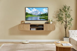 English Elm 63 Inch Floating TV Stand with Fluted Doors Open Shelves and Cable Management W5767P506710