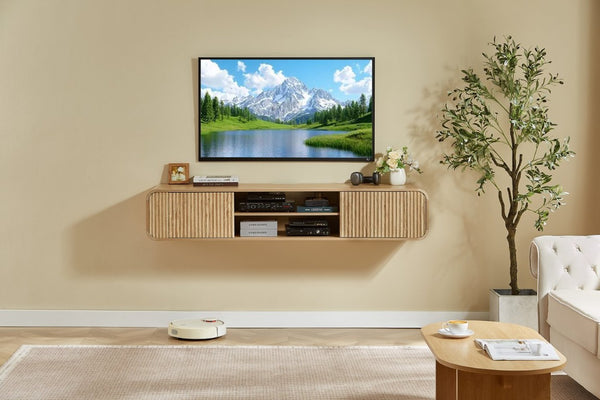 English Elm 63 Inch Floating TV Stand with Fluted Doors Open Shelves and Cable Management W5767P506710