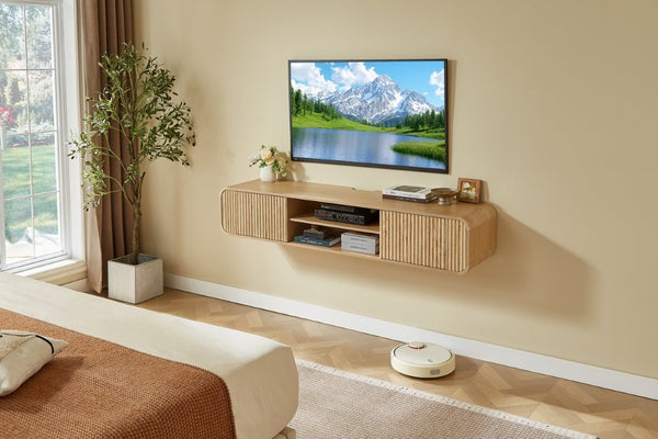 English Elm 63 Inch Floating TV Stand with Fluted Doors Open Shelves and Cable Management W5767P506710