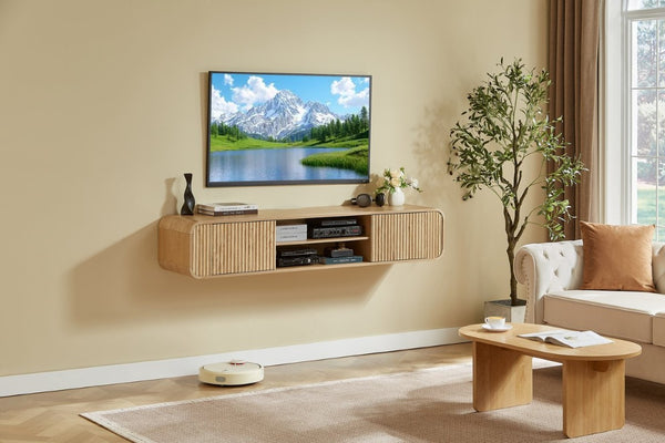 English Elm 63 Inch Floating TV Stand with Fluted Doors Open Shelves and Cable Management W5767P506710