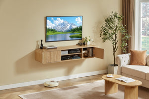 English Elm 63 Inch Floating TV Stand with Fluted Doors Open Shelves and Cable Management W5767P506710