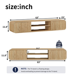English Elm 63 Inch Floating TV Stand with Fluted Doors Open Shelves and Cable Management W5767P506710