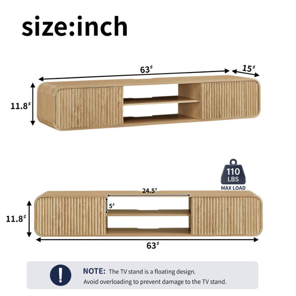 English Elm 63 Inch Floating TV Stand with Fluted Doors Open Shelves and Cable Management W5767P506710