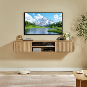 English Elm 63 Inch Floating TV Stand with Fluted Doors Open Shelves and Cable Management W5767P506710