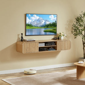 English Elm 63 Inch Floating TV Stand with Fluted Doors Open Shelves and Cable Management W5767P506710