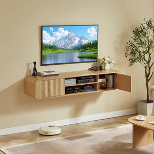 English Elm 63 Inch Floating TV Stand with Fluted Doors Open Shelves and Cable Management W5767P506710
