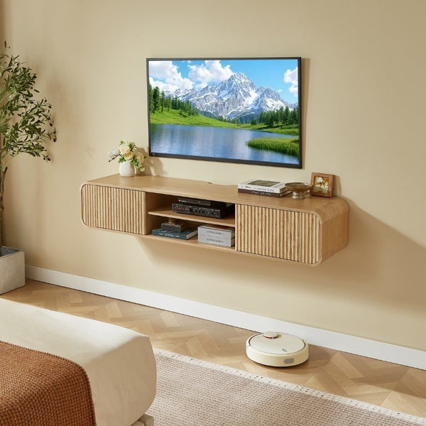 English Elm 63 Inch Floating TV Stand with Fluted Doors Open Shelves and Cable Management W5767P506710