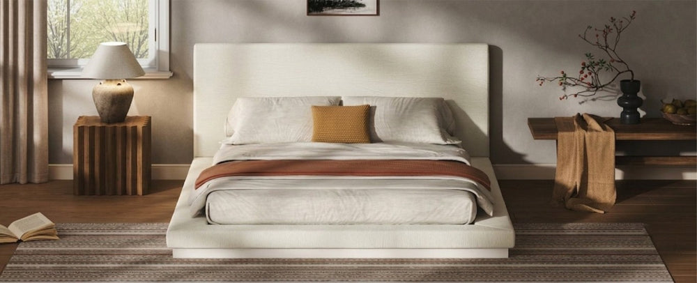 English Elm Queen Upholstered Platform Bed Low Profile Padded Surround Solid Wood Base Bedroom W5767P510238