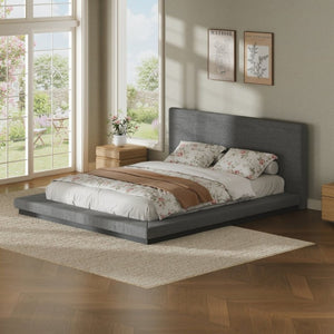 English Elm Queen Upholstered Floating Bed Frame Low Profile Padded Surround Gray Polyester W5767P510240