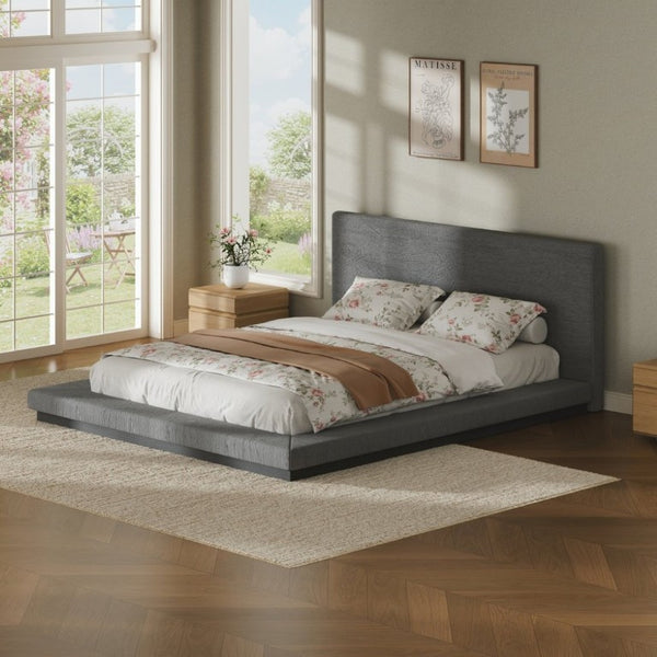 English Elm Queen Upholstered Floating Bed Frame Low Profile Padded Surround Gray Polyester W5767P510240