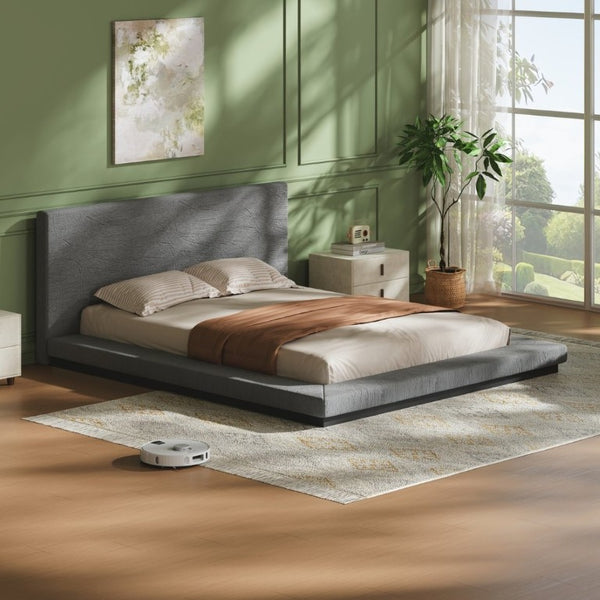 English Elm Queen Upholstered Floating Bed Frame Low Profile Padded Surround Gray Polyester W5767P510240