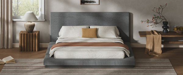 English Elm Queen Upholstered Floating Bed Frame Low Profile Padded Surround Gray Polyester W5767P510240
