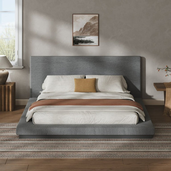 English Elm Queen Upholstered Floating Bed Frame Low Profile Padded Surround Gray Polyester W5767P510240