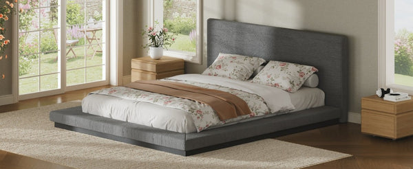 English Elm Queen Upholstered Floating Bed Frame Low Profile Padded Surround Gray Polyester W5767P510240