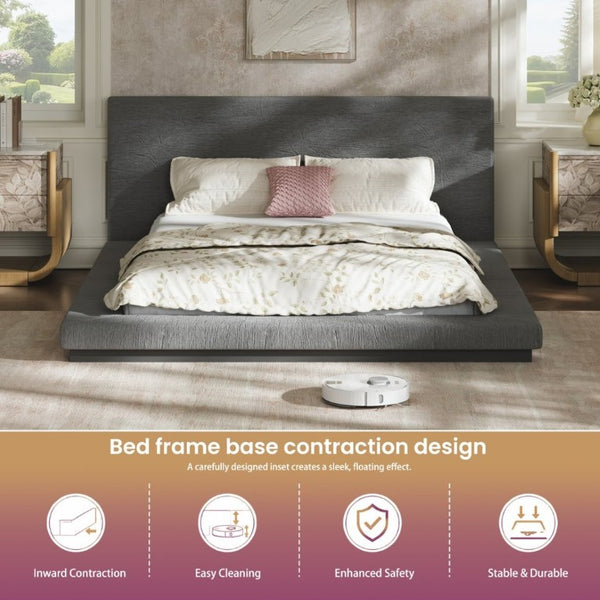 English Elm Queen Upholstered Floating Bed Frame Low Profile Padded Surround Gray Polyester W5767P510240