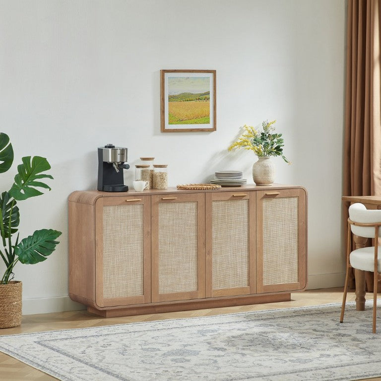 English Elm Rattan Mesh Panel Sideboard with Four Doors Warm Wood Buffet for Dining Living Room W5767P514618