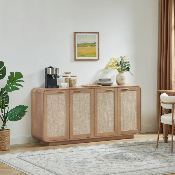 English Elm Rattan Mesh Panel Sideboard with Four Doors Warm Wood Buffet for Dining Living Room W5767P514618