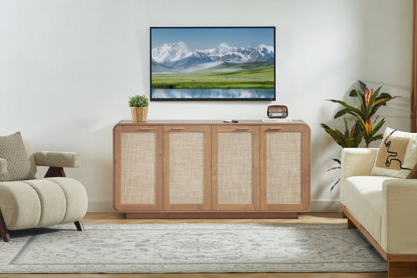 English Elm Rattan Mesh Panel Sideboard with Four Doors Warm Wood Buffet for Dining Living Room W5767P514618