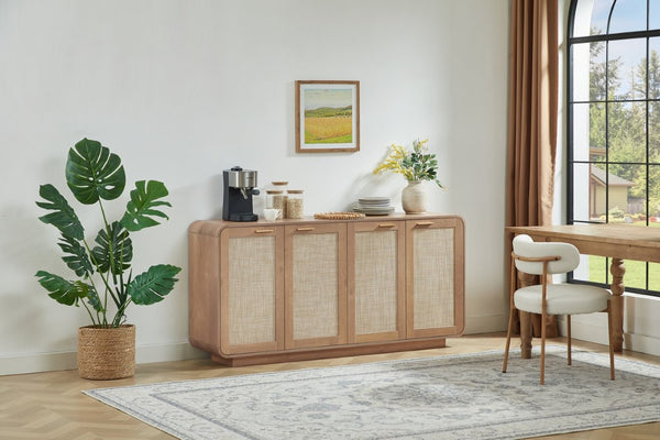 English Elm Rattan Mesh Panel Sideboard with Four Doors Warm Wood Buffet for Dining Living Room W5767P514618
