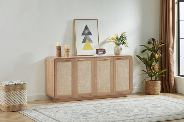 English Elm Rattan Mesh Panel Sideboard with Four Doors Warm Wood Buffet for Dining Living Room W5767P514618