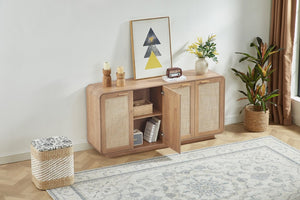 English Elm Rattan Mesh Panel Sideboard with Four Doors Warm Wood Buffet for Dining Living Room W5767P514618