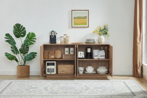 English Elm Rattan Mesh Panel Sideboard with Four Doors Warm Wood Buffet for Dining Living Room W5767P514618