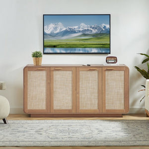 English Elm Rattan Mesh Panel Sideboard with Four Doors Warm Wood Buffet for Dining Living Room W5767P514618