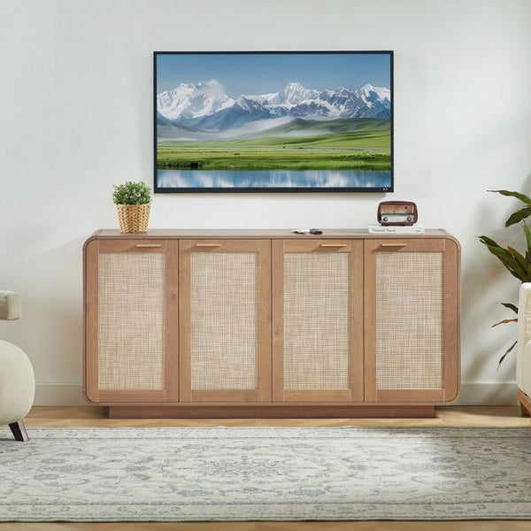 English Elm Rattan Mesh Panel Sideboard with Four Doors Warm Wood Buffet for Dining Living Room W5767P514618
