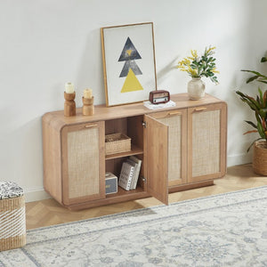English Elm Rattan Mesh Panel Sideboard with Four Doors Warm Wood Buffet for Dining Living Room W5767P514618