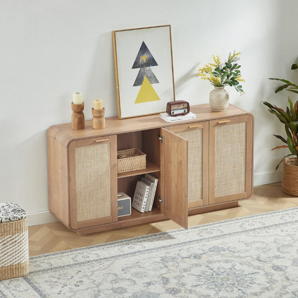 English Elm Rattan Mesh Panel Sideboard with Four Doors Warm Wood Buffet for Dining Living Room W5767P514618