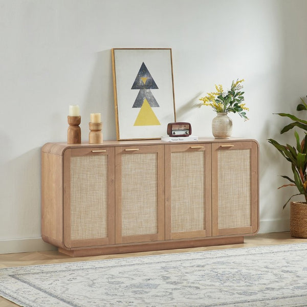 English Elm Rattan Mesh Panel Sideboard with Four Doors Warm Wood Buffet for Dining Living Room W5767P514618