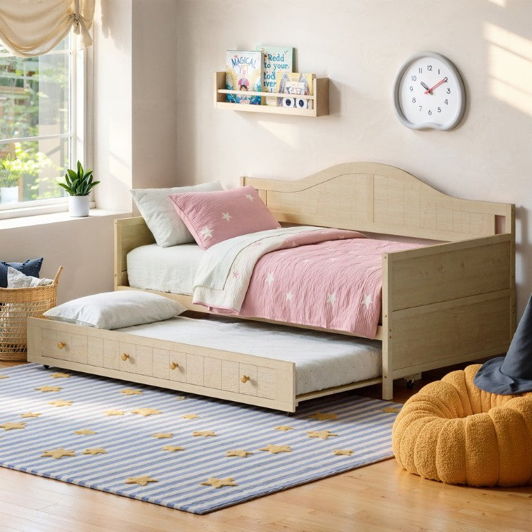 English Elm Twin Solid Pine Daybed with Rolling Trundle Drawer Farmhouse Style Sofa Bed W5767P515217