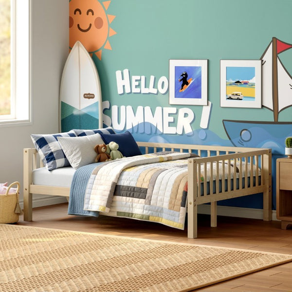 English Elm Full Size Solid Pine Daybed with Three Sided Slatted Guardrail for Guest or Kids Room W5767P515221