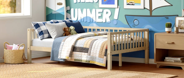 English Elm Full Size Solid Pine Daybed with Three Sided Slatted Guardrail for Guest or Kids Room W5767P515221
