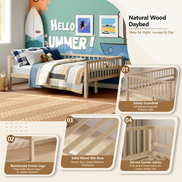 English Elm Full Size Solid Pine Daybed with Three Sided Slatted Guardrail for Guest or Kids Room W5767P515221