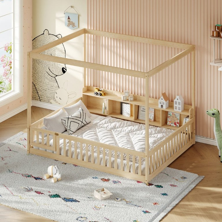 English Elm Full Size Solid Pine Montessori Floor Bed with Guardrails and Open Cubby Headboard W5767P517424