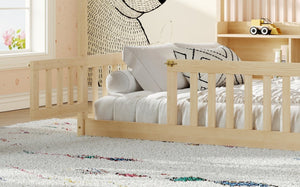 English Elm Full Size Solid Pine Montessori Floor Bed with Guardrails and Open Cubby Headboard W5767P517424