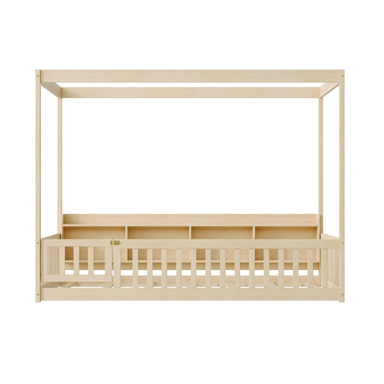 English Elm Full Size Solid Pine Montessori Floor Bed with Guardrails and Open Cubby Headboard W5767P517424