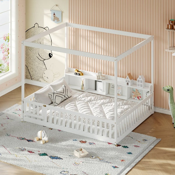 English Elm Full Size Montessori Pine Floor Bed with Guardrails Open Cubbies and Access Door White Wood W5767P517425