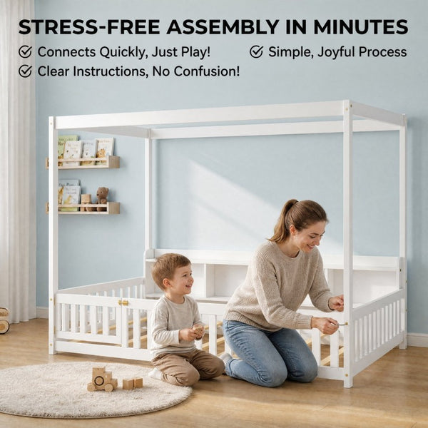 English Elm Full Size Montessori Pine Floor Bed with Guardrails Open Cubbies and Access Door White Wood W5767P517425