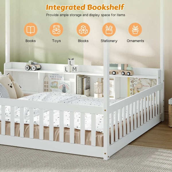 English Elm Full Size Montessori Pine Floor Bed with Guardrails Open Cubbies and Access Door White Wood W5767P517425
