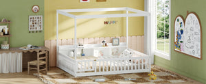 English Elm Full Size Montessori Pine Floor Bed with Guardrails Open Cubbies and Access Door White Wood W5767P517425
