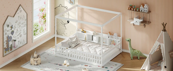 English Elm Full Size Montessori Pine Floor Bed with Guardrails Open Cubbies and Access Door White Wood W5767P517425